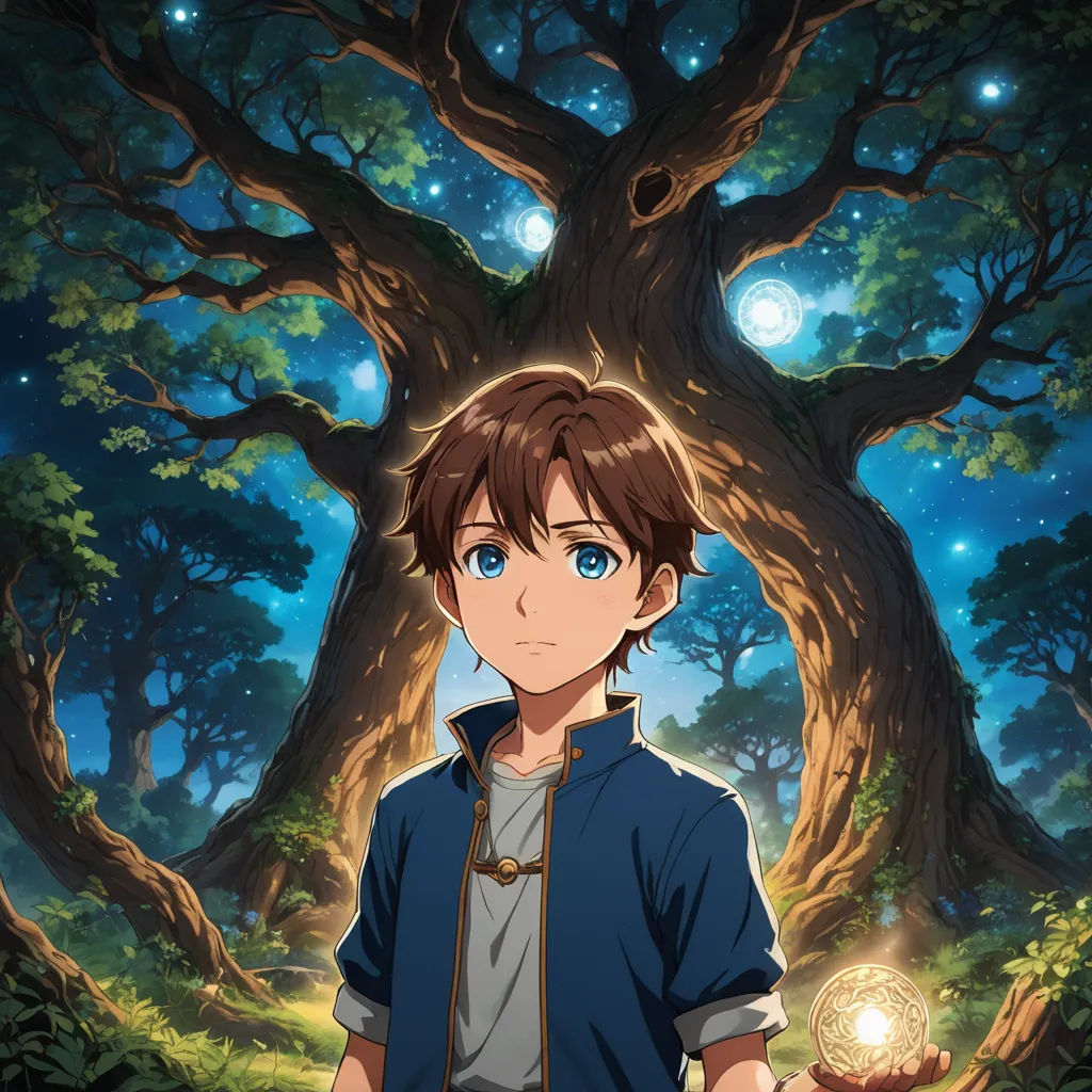 a boy in a blue shirt holding a ball in front of a tree with a light shining on it, rayonism, a character portrait, Cedric Seaut (Keos Masons), anime key visual