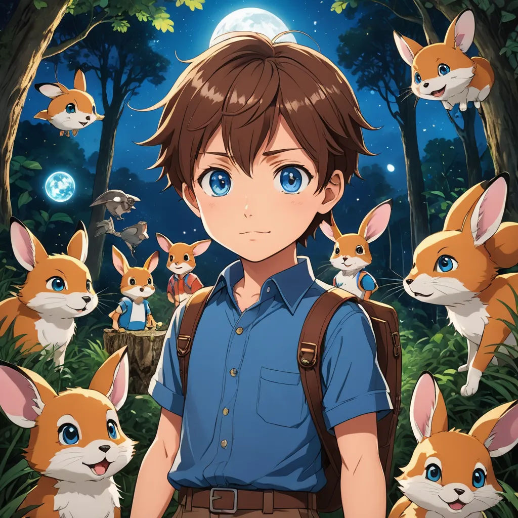 a boy with a backpack standing in front of a forest full of foxes and other animals, with a full moon in the background, rayonism, poster art, Armin Hansen, official art