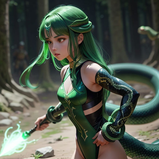 a woman with green hair and a green snake tail holding a green light saber in a forest with rocks