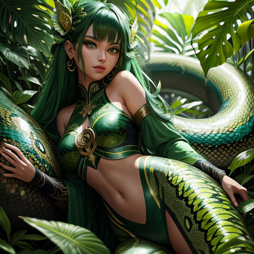 a woman in a green outfit sitting on a snake skin with a snake around her neck and a snake around her neck