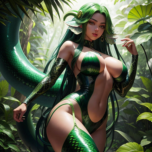 a woman in a green outfit with a snake around her neck and a snake around her neck, in a jungle