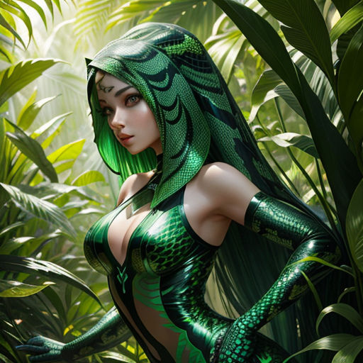 a woman in a green body suit standing in a jungle with leaves on the ground and a green snake on her arm