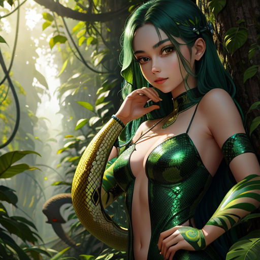 a woman in a green outfit standing in a forest with a snake around her neck and arm around her neck