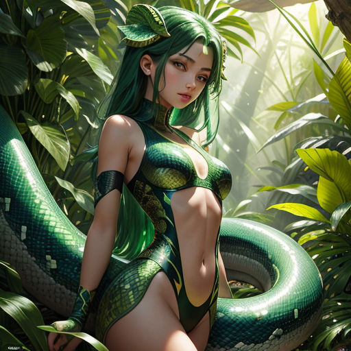 a woman in a green bikini with a snake around her neck and a snake around her neck, in a jungle