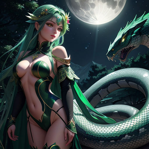 a woman in a green outfit standing next to a snake and a full moon in the background with a full moon in the sky