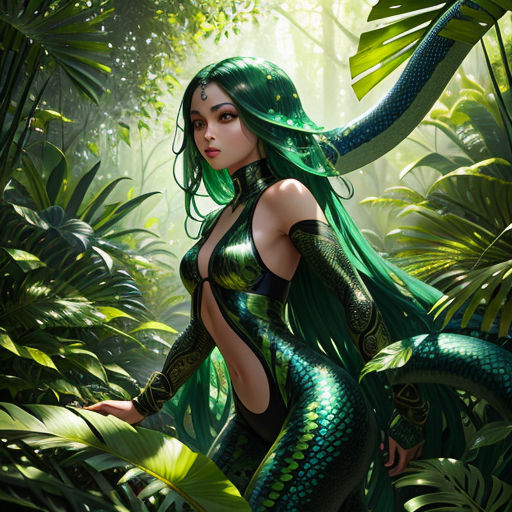 a woman in a green and black bodysuit in the jungle with a snake tail and tail tail, and a snake tail, and a green hair, and tail,