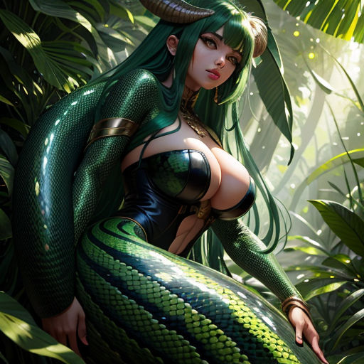 a woman with green hair and horns is sitting in the jungle with a snake skin on her body and a snake tail on her head