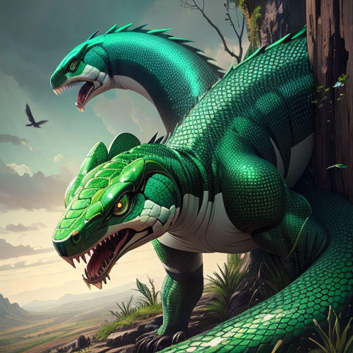 a green dragon with a large mouth and sharp teeth is standing in a field with a bird flying overhead