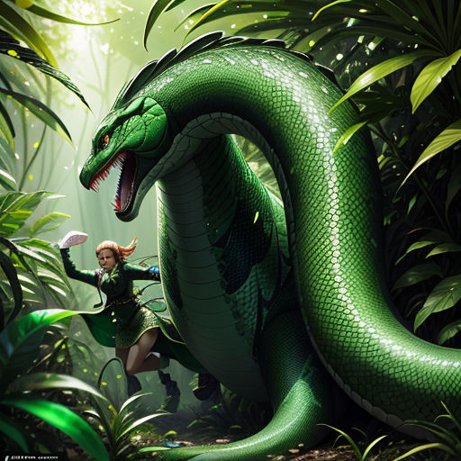 a woman is standing next to a green snake in the jungle with a sword in her hand and a green snake in her hand