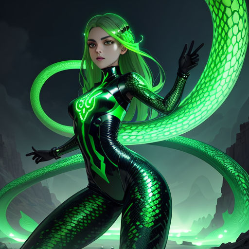 a woman in a green and black outfit with a snake around her neck and hands on her hips, with a green snake around her neck
