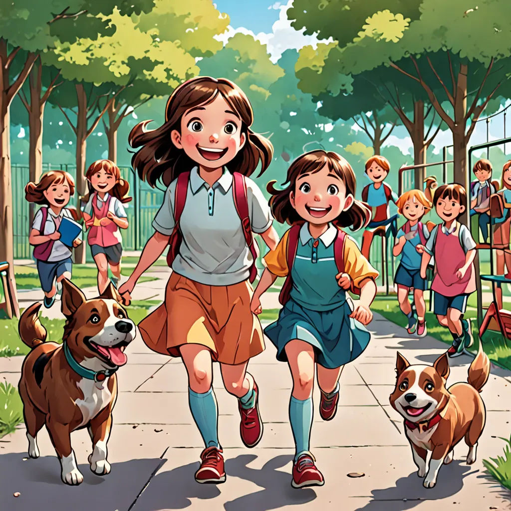a group of children walking down a sidewalk with a dog and a dog on a leash behind them, and a dog on the sidewalk, paris school, a comic book panel, Diego Gisbert Llorens, official art