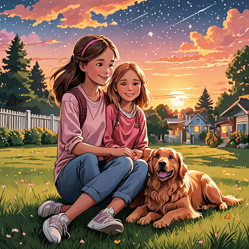 a painting of two girls sitting on the grass with a dog in front of them and a sunset behind them, american scene painting, a storybook illustration, Diego Gisbert Llorens, comic cover art