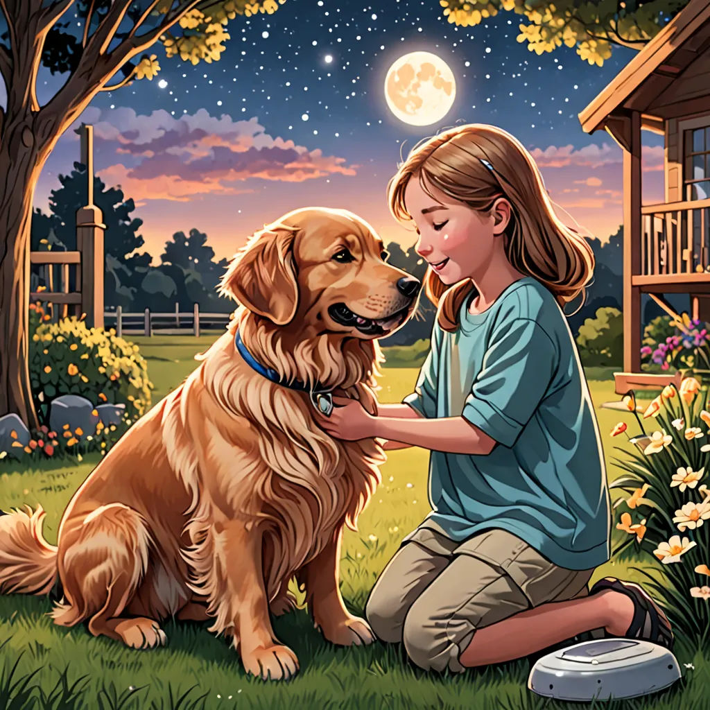 a girl is petting a dog in a field at night with a full moon in the sky above, american scene painting, a storybook illustration, Bob Byerley, storybook illustration