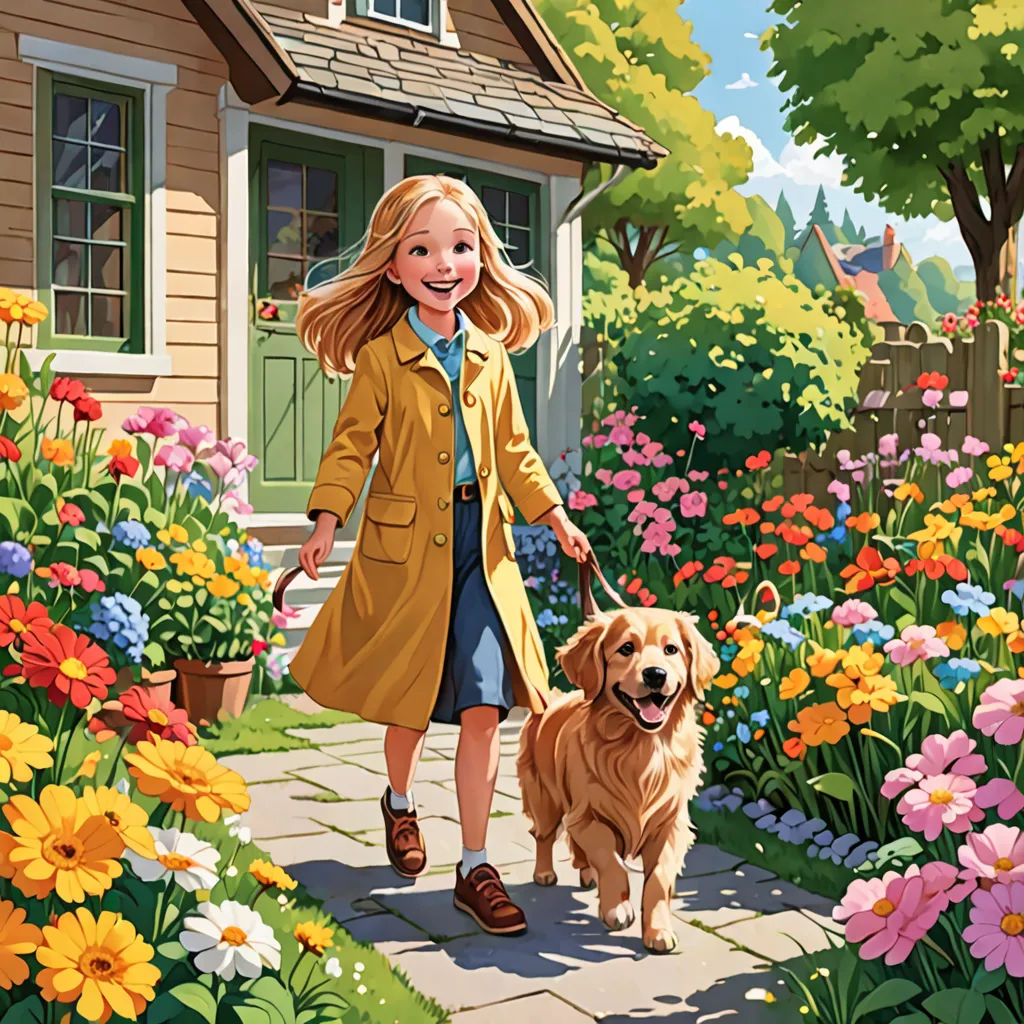 a girl walking a dog in a garden with flowers and a house in the background with a dog on a leash, american scene painting, a storybook illustration, Bob Byerley, kinkade
