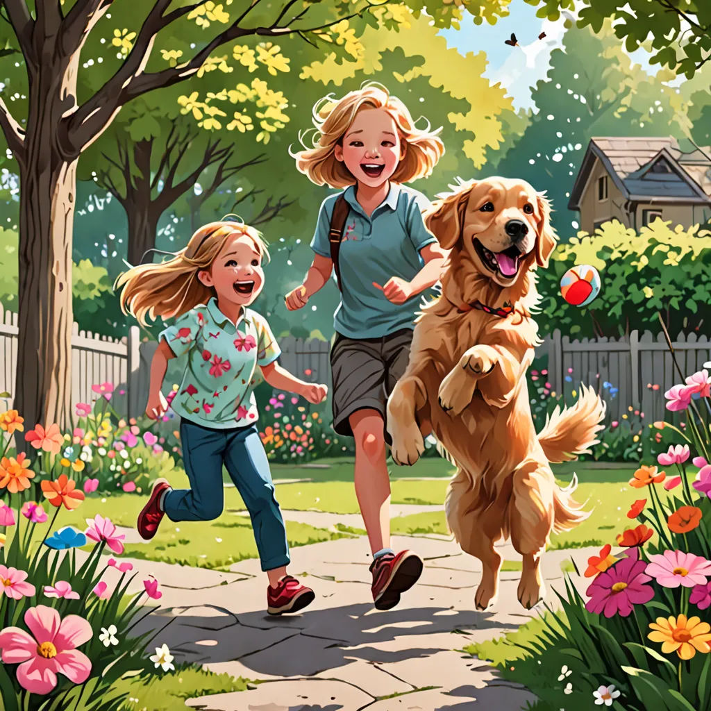 a painting of two children and a dog running in a garden with flowers and trees in the background,, american scene painting, a storybook illustration, Bob Byerley, official art