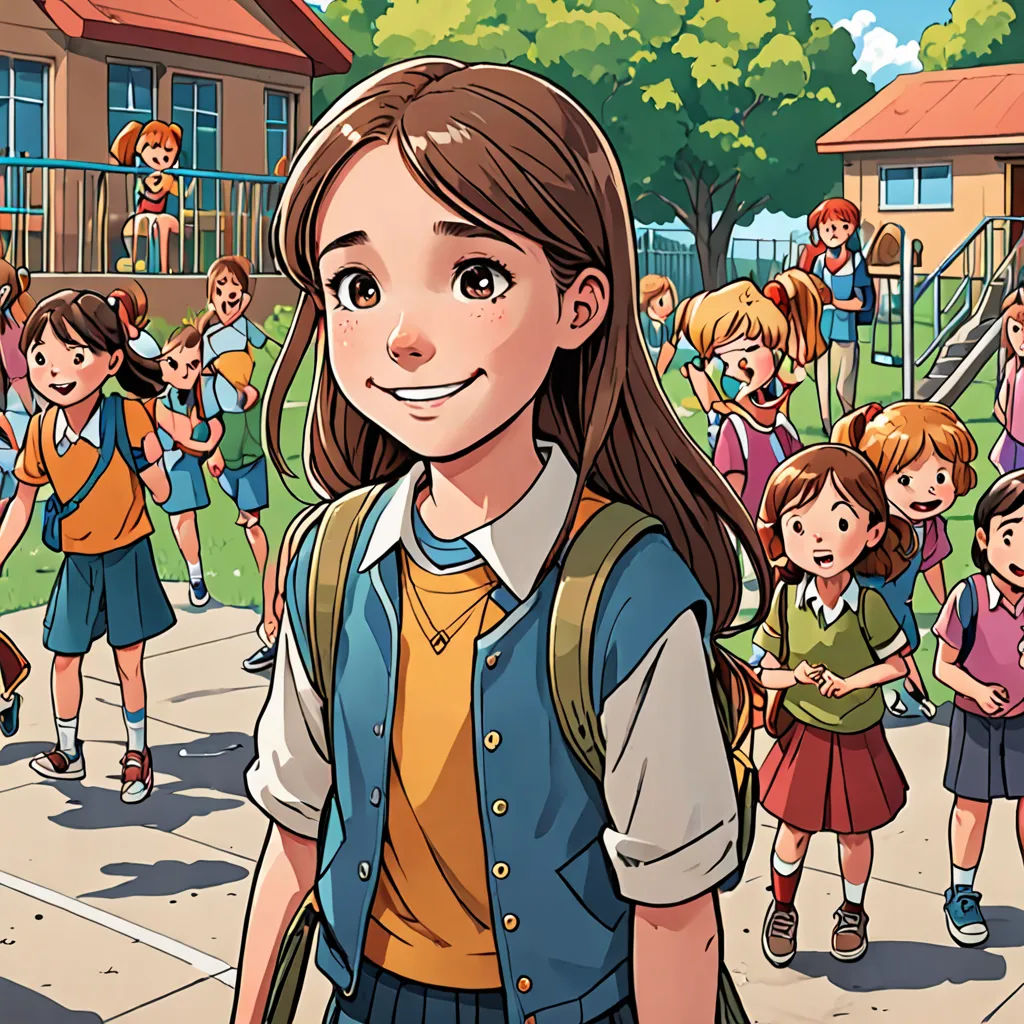 a cartoon of a girl in a school uniform standing in front of a group of children in a school yard, paris school, a storybook illustration, Clarice Beckett, official art