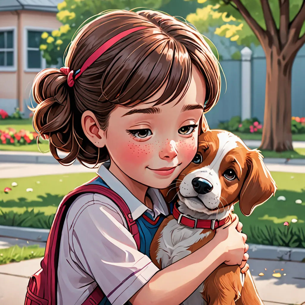 a girl holding a dog in her arms on a sidewalk in front of a house and trees and flowers, photorealism, a storybook illustration, Bob Byerley, official art