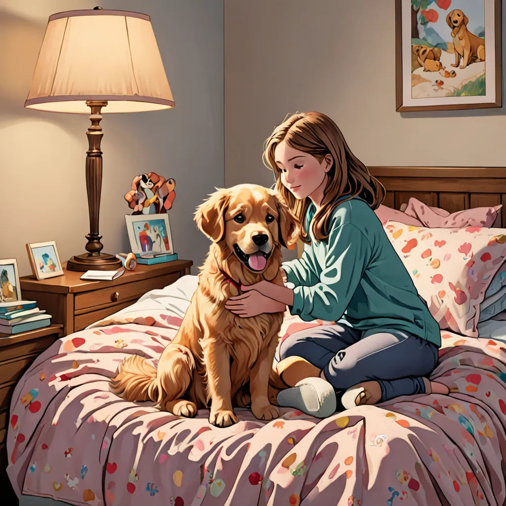 a girl sitting on a bed with a dog in her lap and a lamp on the side table behind her, american scene painting, a storybook illustration, Bob Byerley, storybook illustration