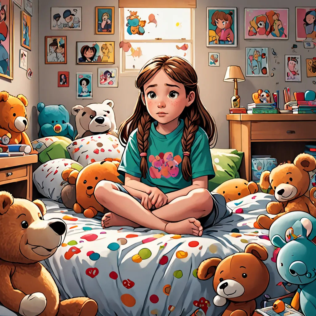 a girl sitting on a bed surrounded by stuffed animals and a teddy bear bed spread in a bedroom with a lot of pictures on the walls, photorealism, a storybook illustration, Clarice Beckett, cgstudio