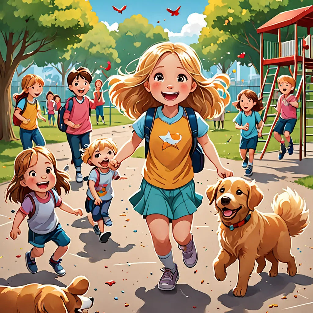 a girl running with her dogs in a park with other children and a dog nearby on a path with a playground, danube school, a storybook illustration, Bob Byerley, comic cover art