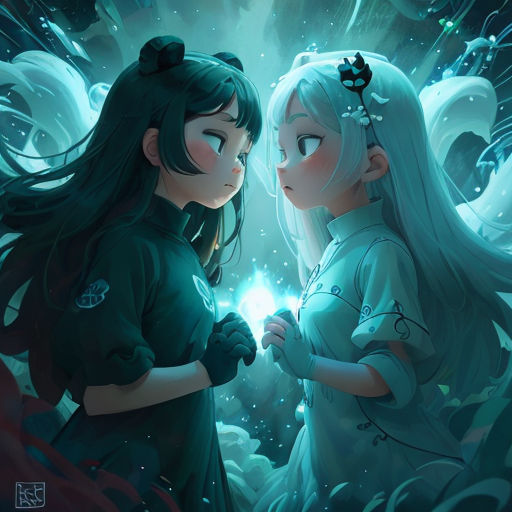 two girls are looking at each other in the dark, with a light shining on them and clouds behind them