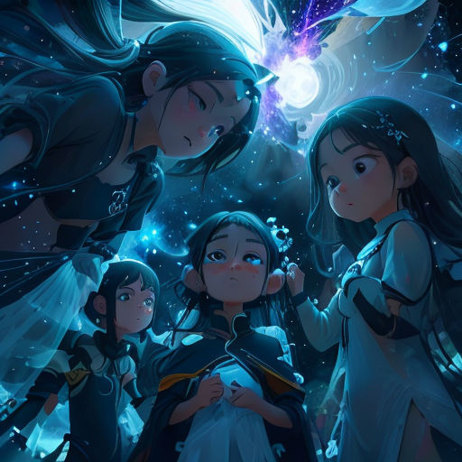 a group of girls standing next to each other in front of a sky filled with stars and stars,