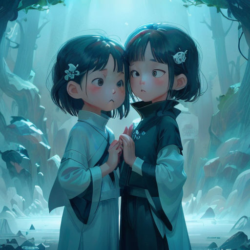 two children standing in a forest with their hands together and looking at each other with a light shining on them