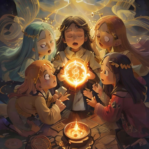 a group of people standing around a table with a glowing orb in the middle of it and a glowing orb in the middle