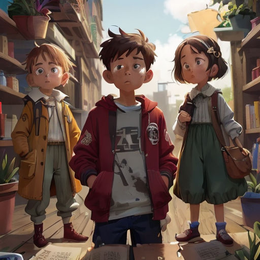 three children standing in a room with books on the floor and a plant in the corner of the room