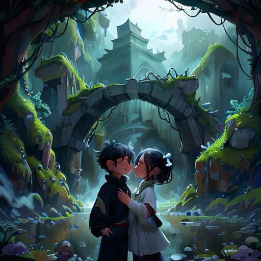 a couple of people standing next to each other in front of a forest with a bridge over water and a building