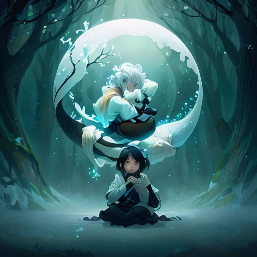 a girl sitting on the ground next to a cat on a moon shaped background with trees and a full moon