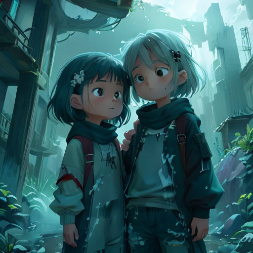 two children standing in a forest with a building in the background and a sky background with clouds and plants