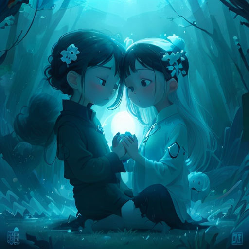 two children are sitting in the woods looking at something in the distance with a light shining through the trees