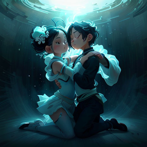 a couple of people that are sitting down together in the water with a light shining on them and a blue light shining on the ground