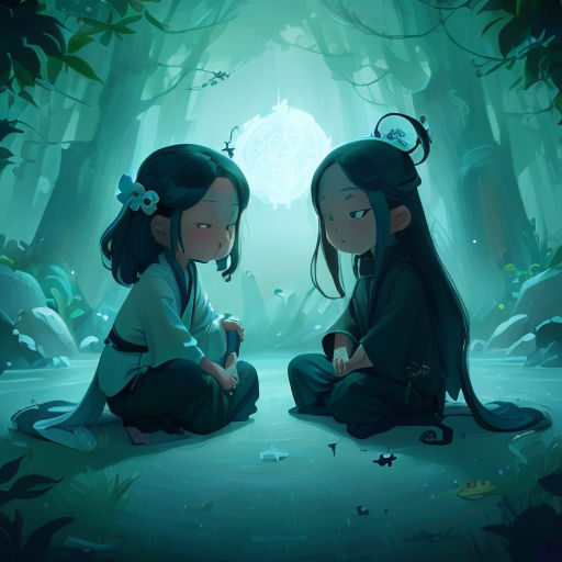 two young girls sitting on the ground in the woods looking at something in the distance with a light shining on them