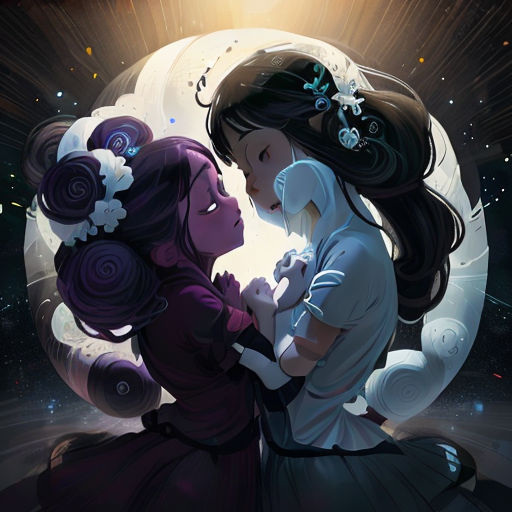 two girls are hugging in front of a moon with stars and a sky background, with a crescent of light behind them