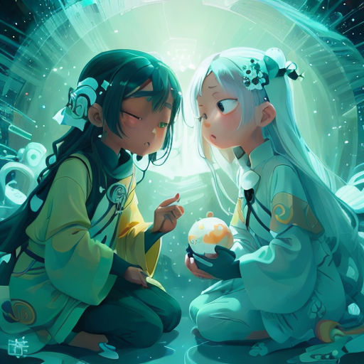 two anime girls sitting on the ground with a ball in their hands and a light shining behind them,