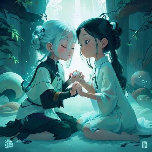 two girls sitting on the ground in front of a forest with a light shining through the trees and a person kneeling down