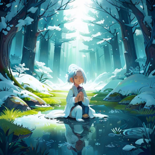 a girl sitting on a rock in the middle of a forest with a pond of water in front of her