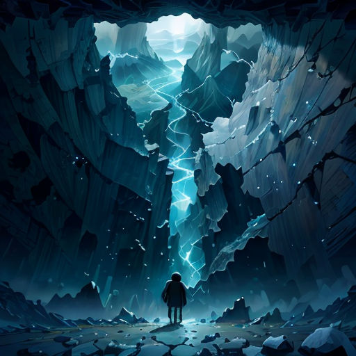 a man standing in a cave looking at a waterfall in the distance with a sky background and a light coming from the cave