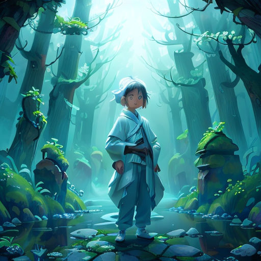 a boy in a white robe standing in a forest with rocks and trees in the background, with a light shining through the trees