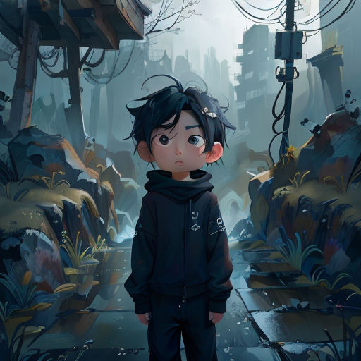 a boy standing in a forest with a city in the background and a bird perched on his head, looking at the camera