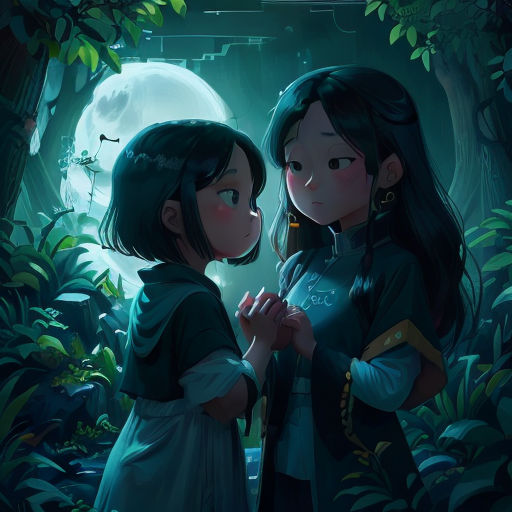 two girls standing in a forest with a full moon in the background and a forest with trees and bushes