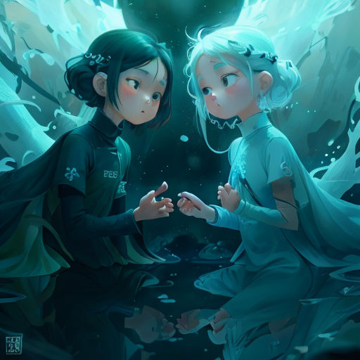 two girls in blue dresses are standing in front of a mirror with water and ice around them, one of them is touching the other hand