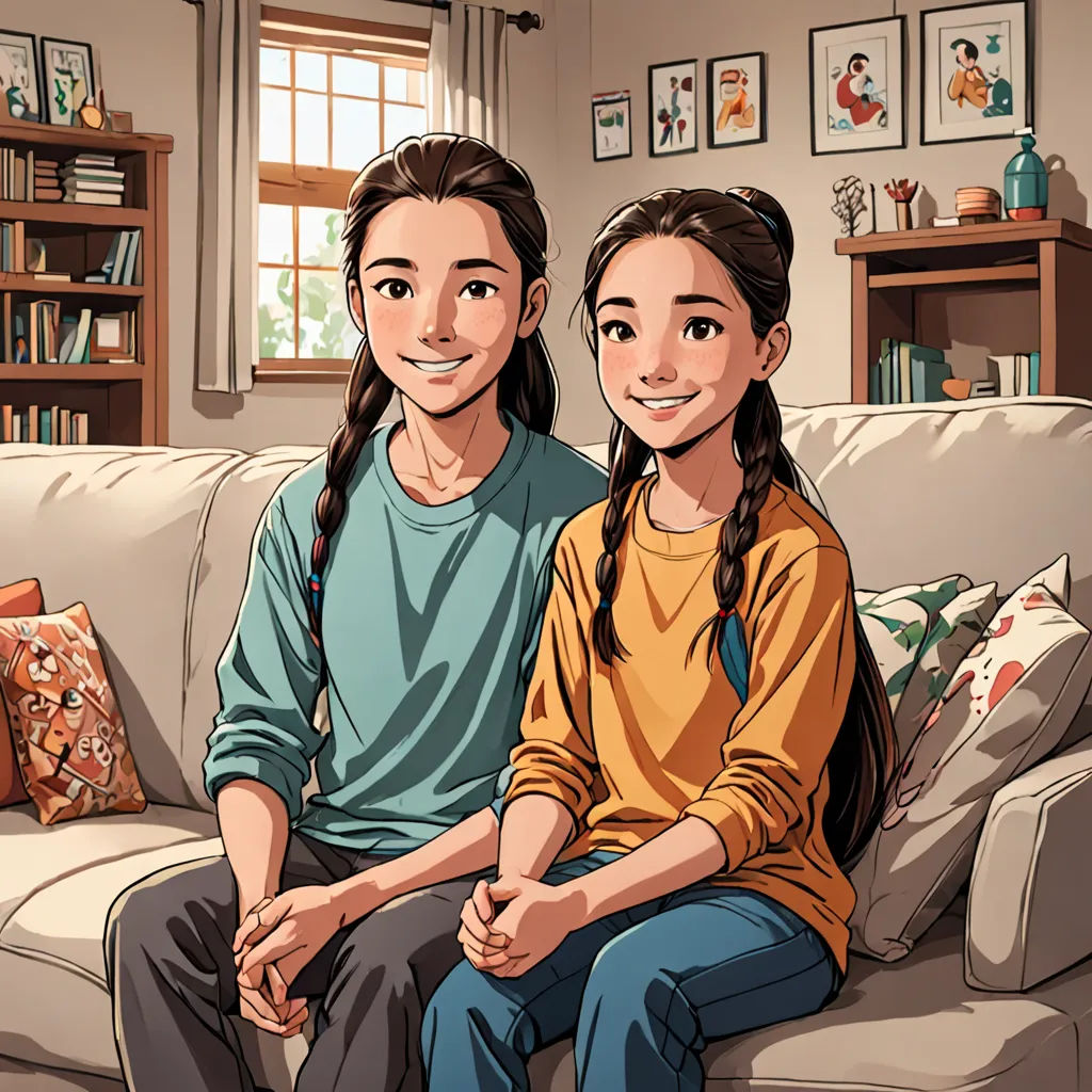 a couple sitting on a couch in a living room next to each other, with a bookcase in the background, vancouver school, a comic book panel, Diego Gisbert Llorens, official art