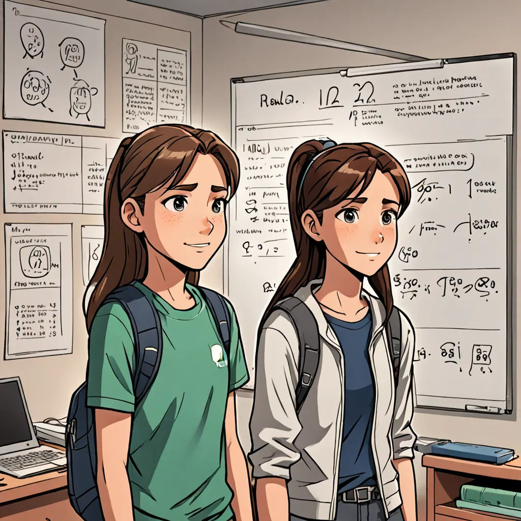 two girls standing in front of a whiteboard with a lot of writing on it and a laptop on the desk, rayonism, a comic book panel, Cedric Seaut (Keos Masons), comic cover art