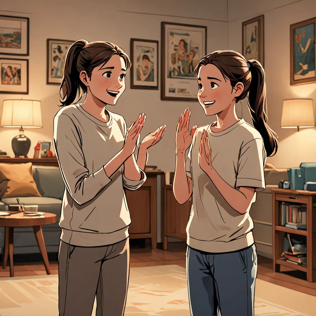 two women standing in a living room clapping hands together, with pictures on the wall behind them and a lamp on the floor, american scene painting, a comic book panel, Artgerm, official art