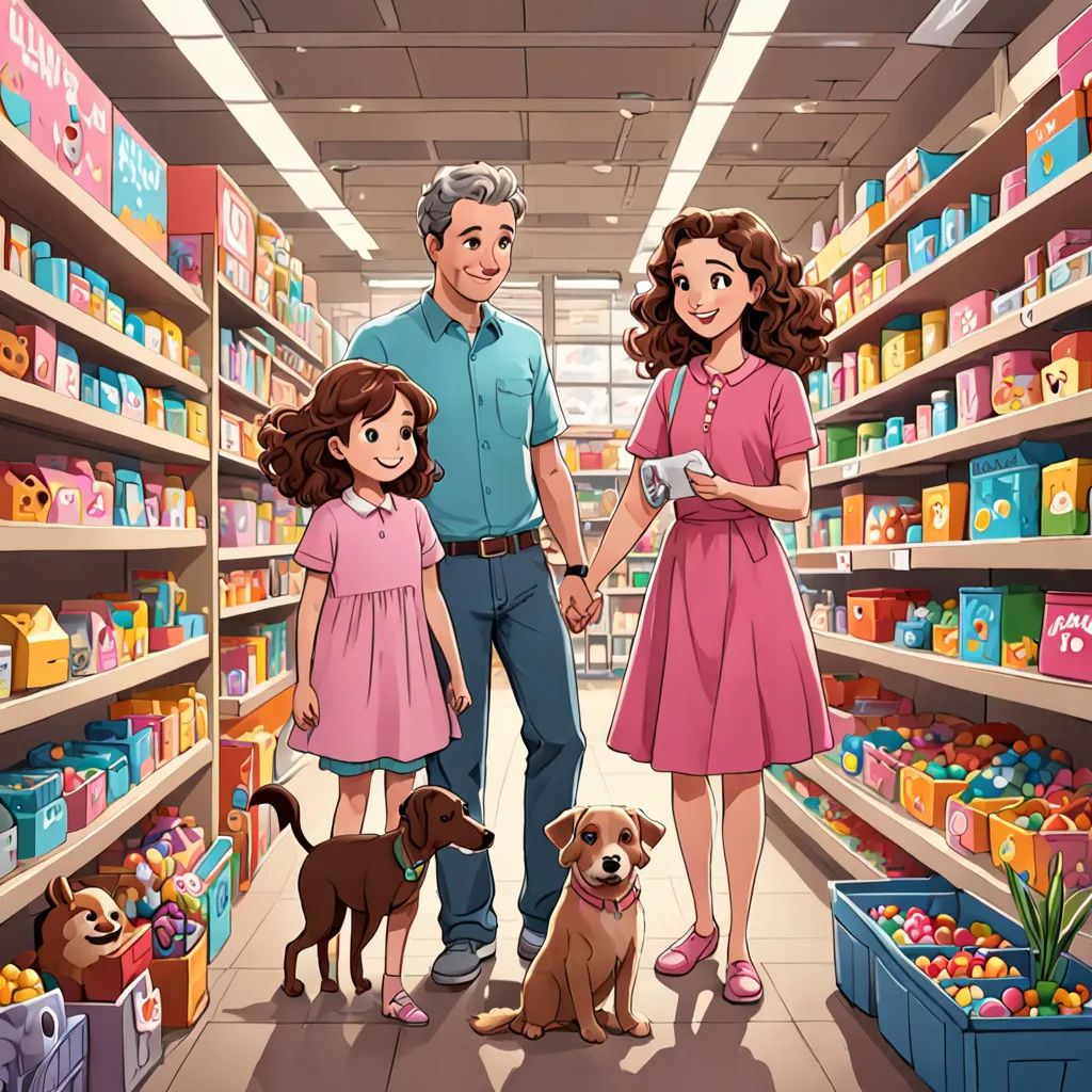 a man and woman holding hands while standing in a store with two dogs and a dog on the leash, american scene painting, a storybook illustration, Andrey Esionov, official art
