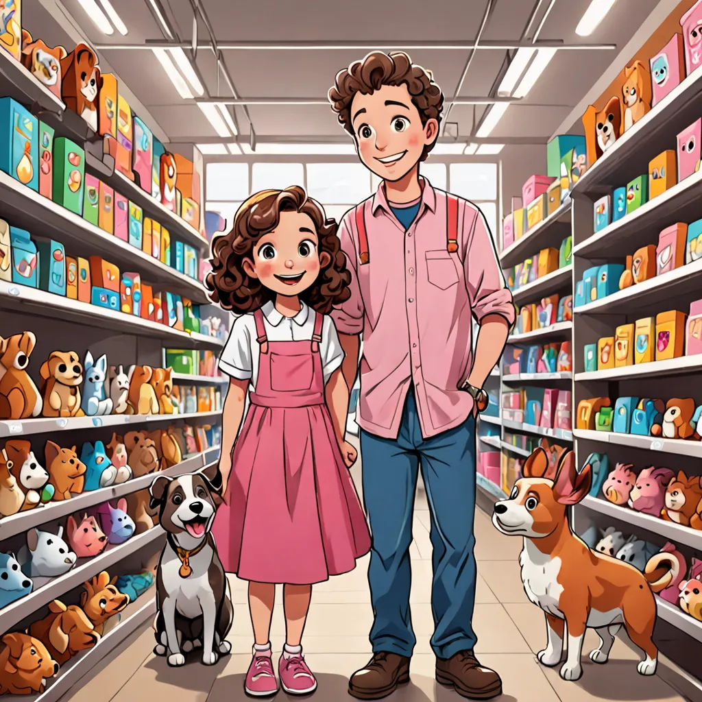 a man and a woman standing in a store with dogs and teddy bears on shelves behind them and a dog on the floor, lyco art, a storybook illustration, Diego Gisbert Llorens, official art