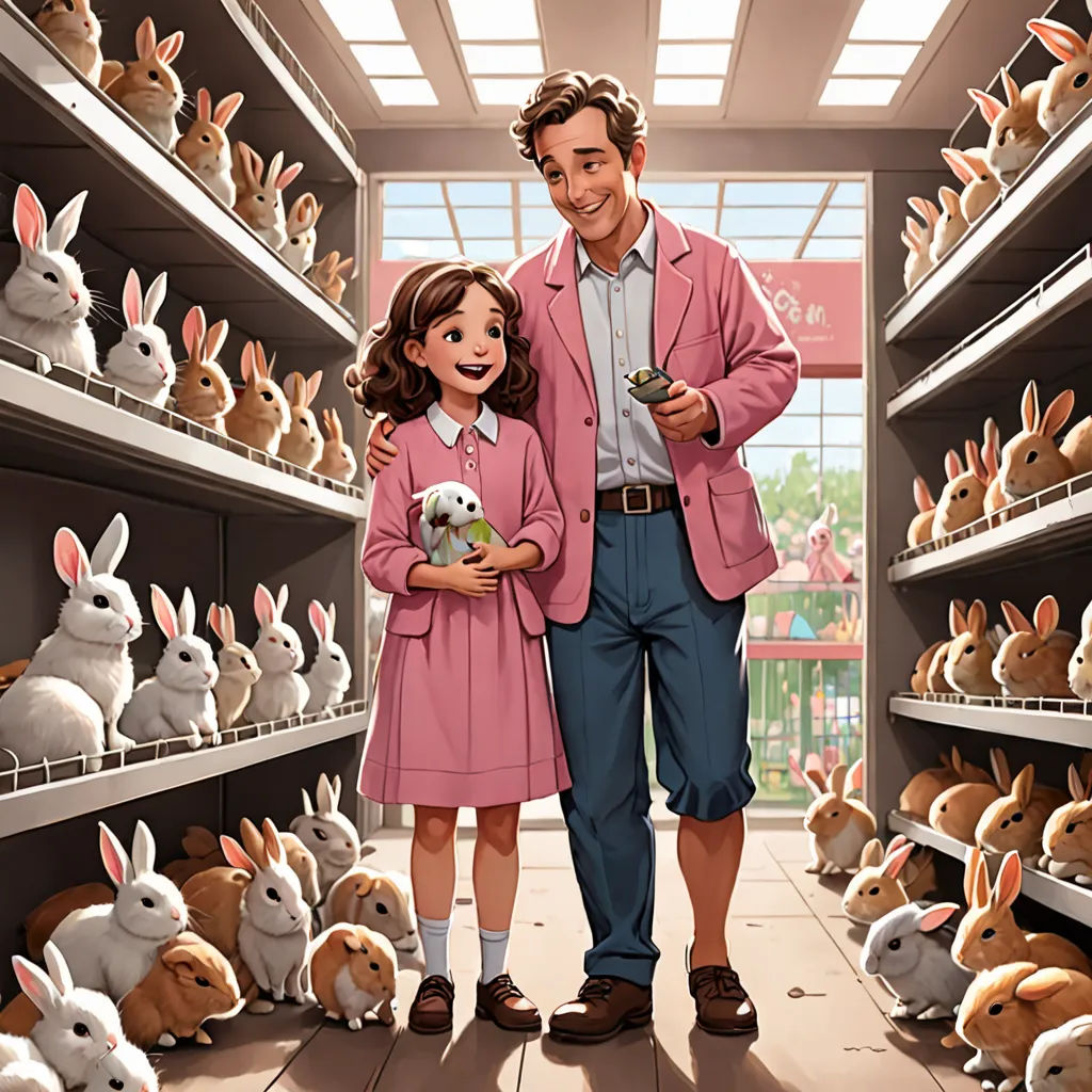 a man and a little girl standing in a store filled with stuffed animals and bunnies on shelves with a man in a pink coat, furry art, a storybook illustration, F. Scott Hess, official art